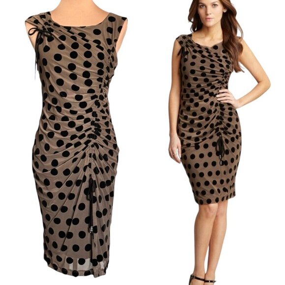 NWT Eva Franco Polkadot Sheath Dress Sz.M Brown Sleeveless Career Cocktail - Picture 1 of 13